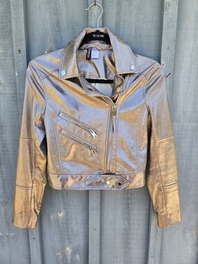 Divided H&M Silver Metallic Size 4  Cropped Moto Jacket Like New